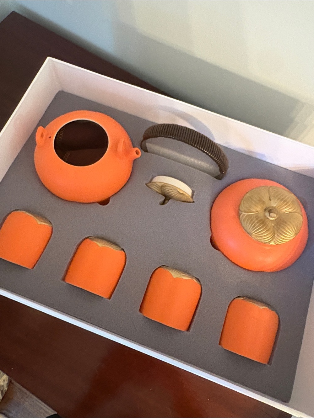 Orange Ceramic Tea Set with Brass Accents - 6-Piece Serving Set